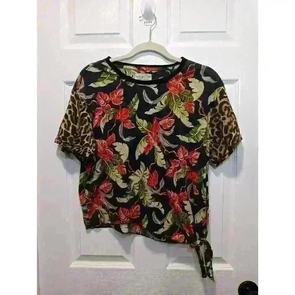 Denim & Supply Ralph Lauren Blouse Womens Black MED Side Tie Floral Short Sleeve